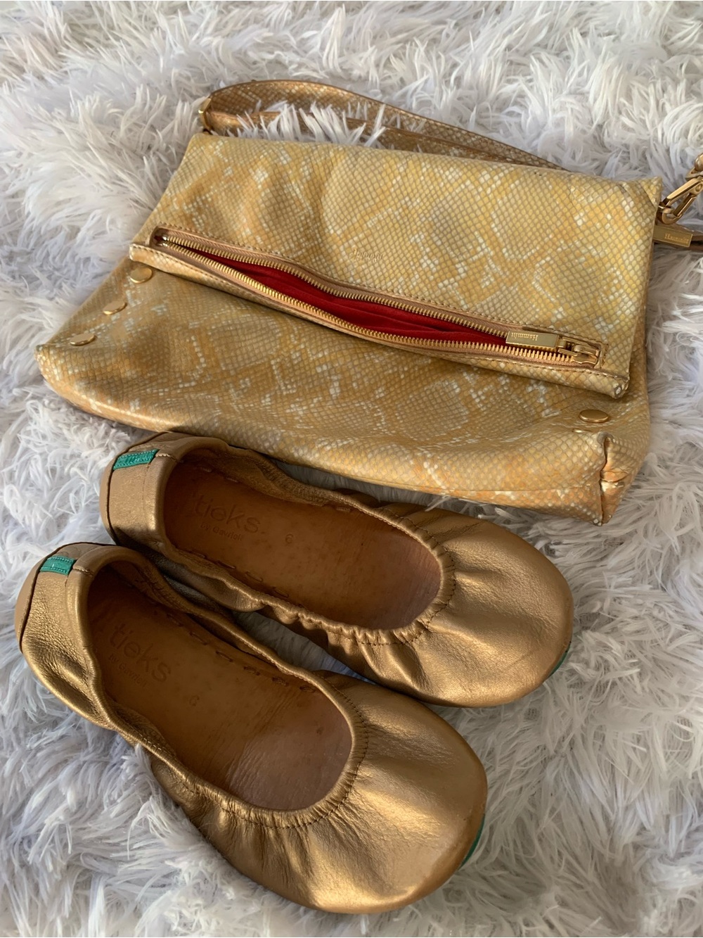 Tieks Metallic Gold Ballet Flats with Teal Soles golden glitz